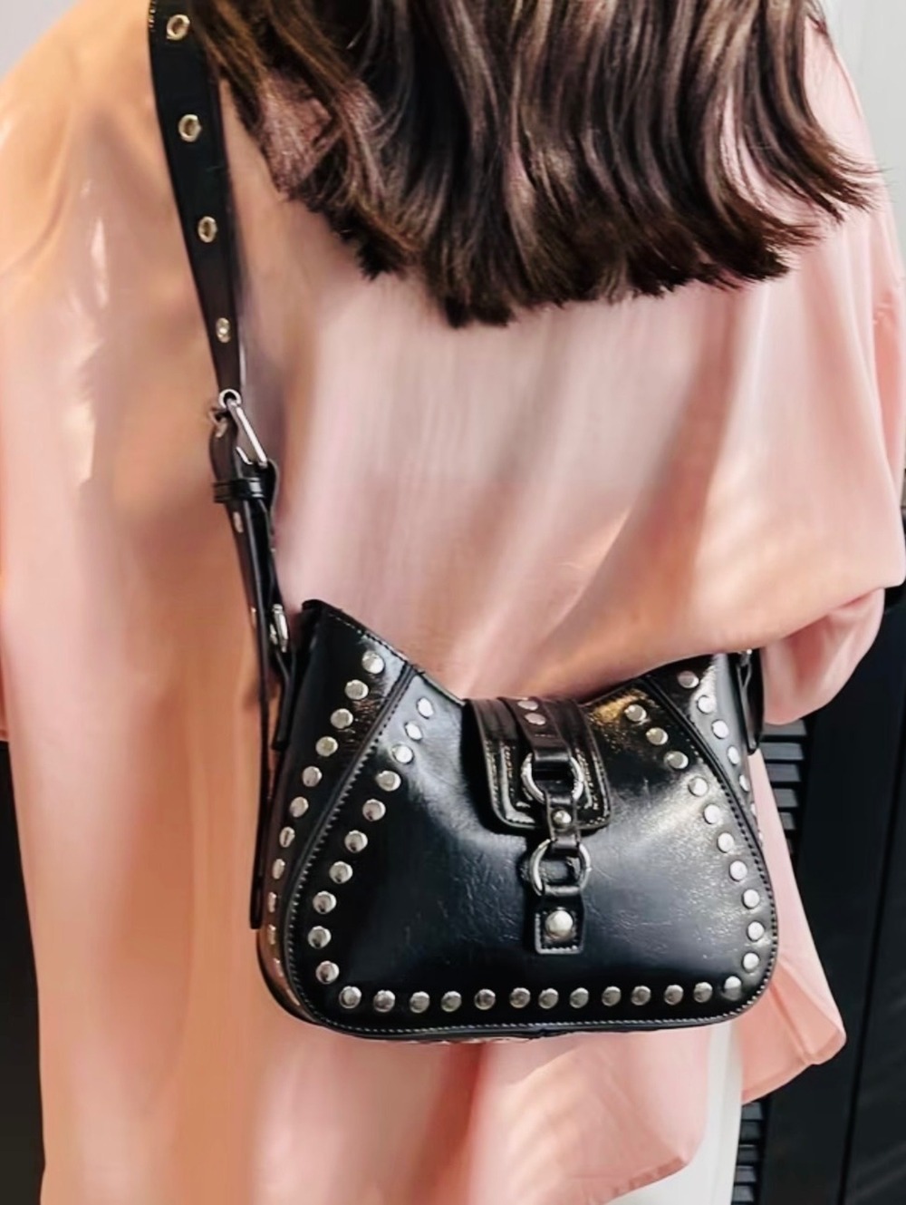 New -Chic -Stud Embellished -Faux Leather Crossbody /Shoulder Bag -Black